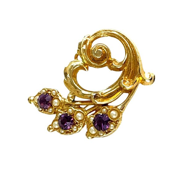 Vintage Gold Tone Brooch Purple Rhinestones Faux Pearls Leaf Design - Picture 6 of 8
